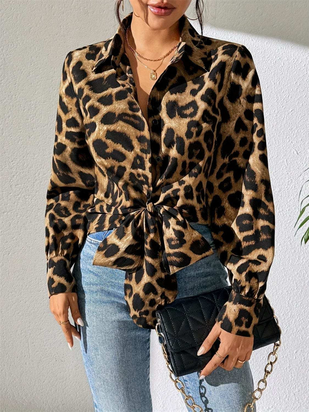 Leopard Collared Neck Long Sleeve Shirt - Trendsi - Flyclothing LLC