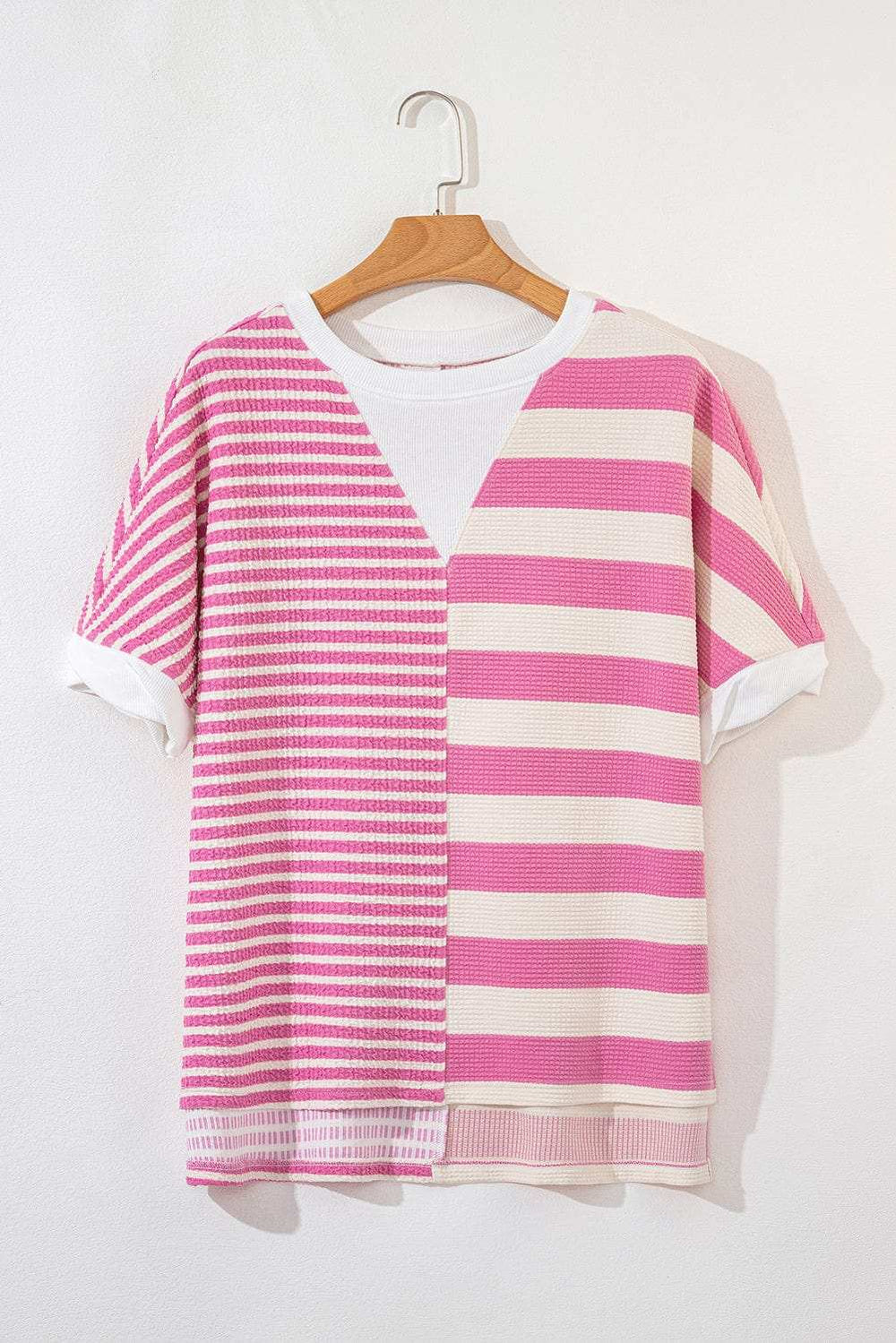 High-Low Striped Round Neck Short Sleeve T-Shirt - Trendsi - Flyclothing LLC