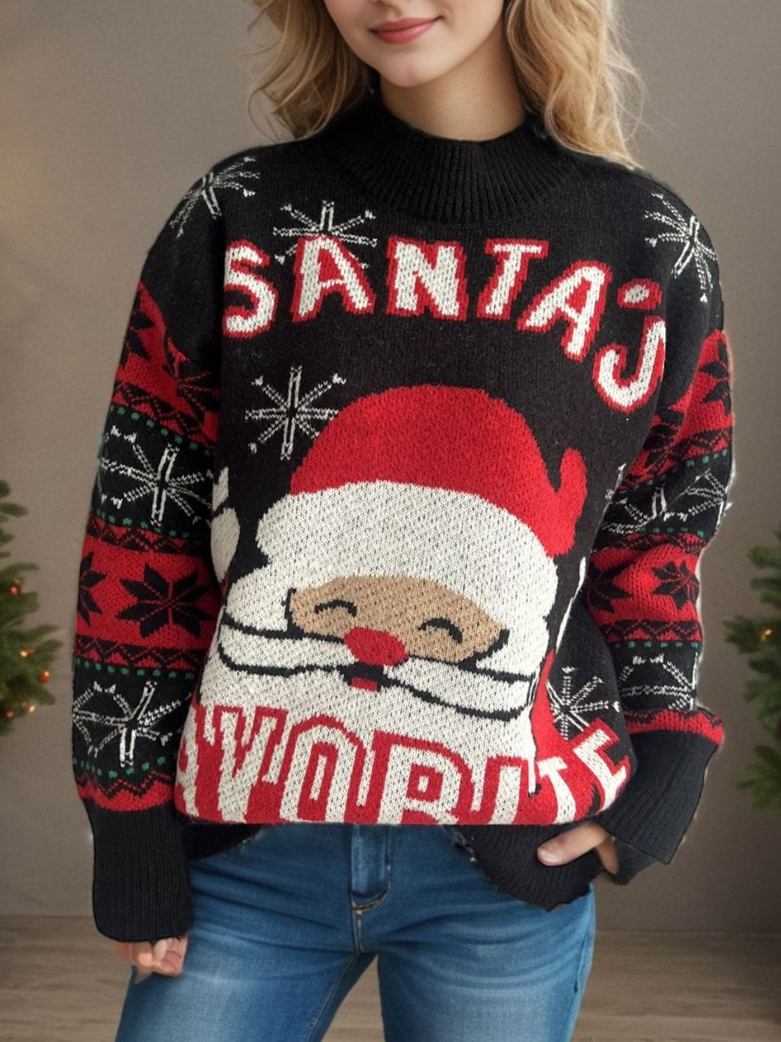 Santa Mock Neck Long Sleeve Sweater - Trendsi