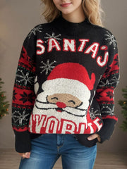 Santa Mock Neck Long Sleeve Sweater - Trendsi