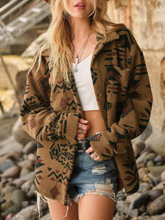 Geometric Button Up Long Sleeve Sherpa Jacket - Trendsi