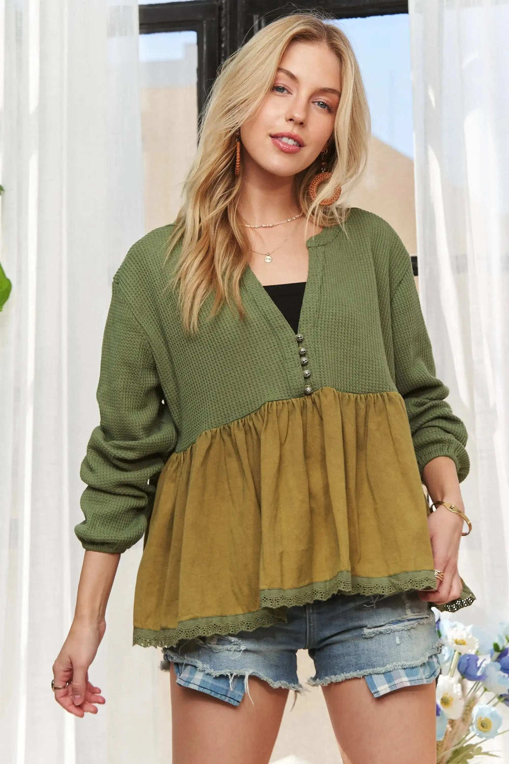 ADORA Mineral Washed Babydoll Tunic Top - Trendsi - Flyclothing LLC
