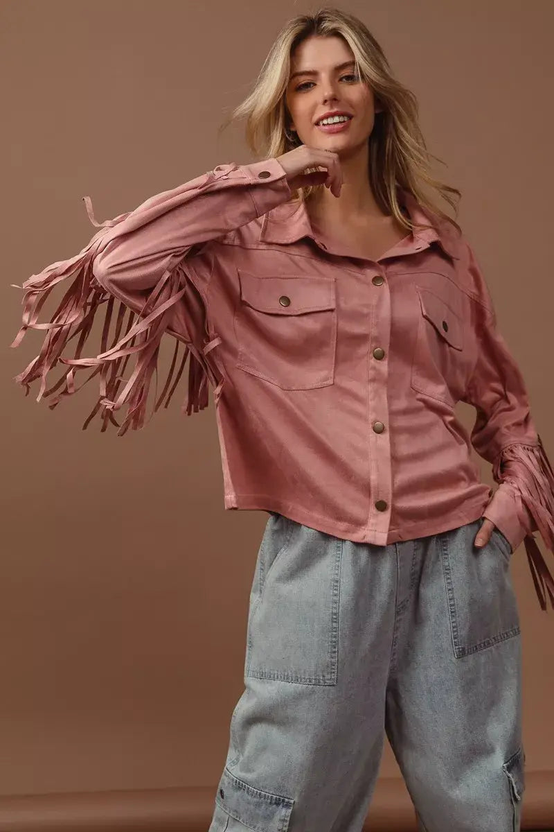 BiBi Suede Fringe Long Sleeve Jacket - Trendsi - Flyclothing LLC