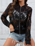 Sheer Lace Zip Up Long Sleeve Jacket - Trendsi