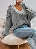 Striped V-Neck Long Sleeve Sweater - Trendsi