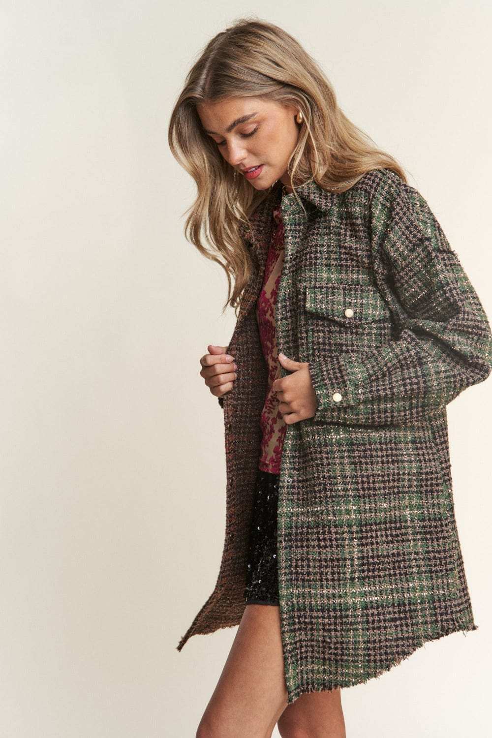 J.NNA Snap Down Tweed Plaid Contrast Longline Shacket - Trendsi - Flyclothing LLC