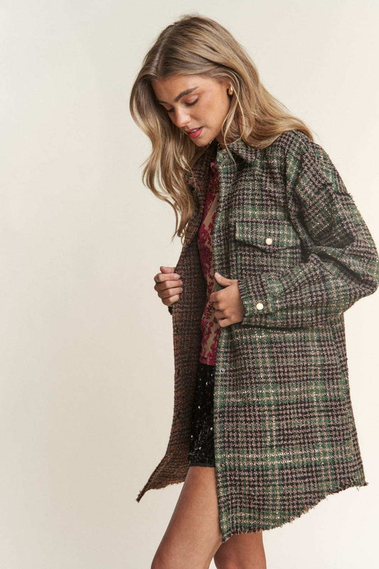 J.NNA Snap Down Tweed Plaid Contrast Longline Shacket - Trendsi - Flyclothing LLC