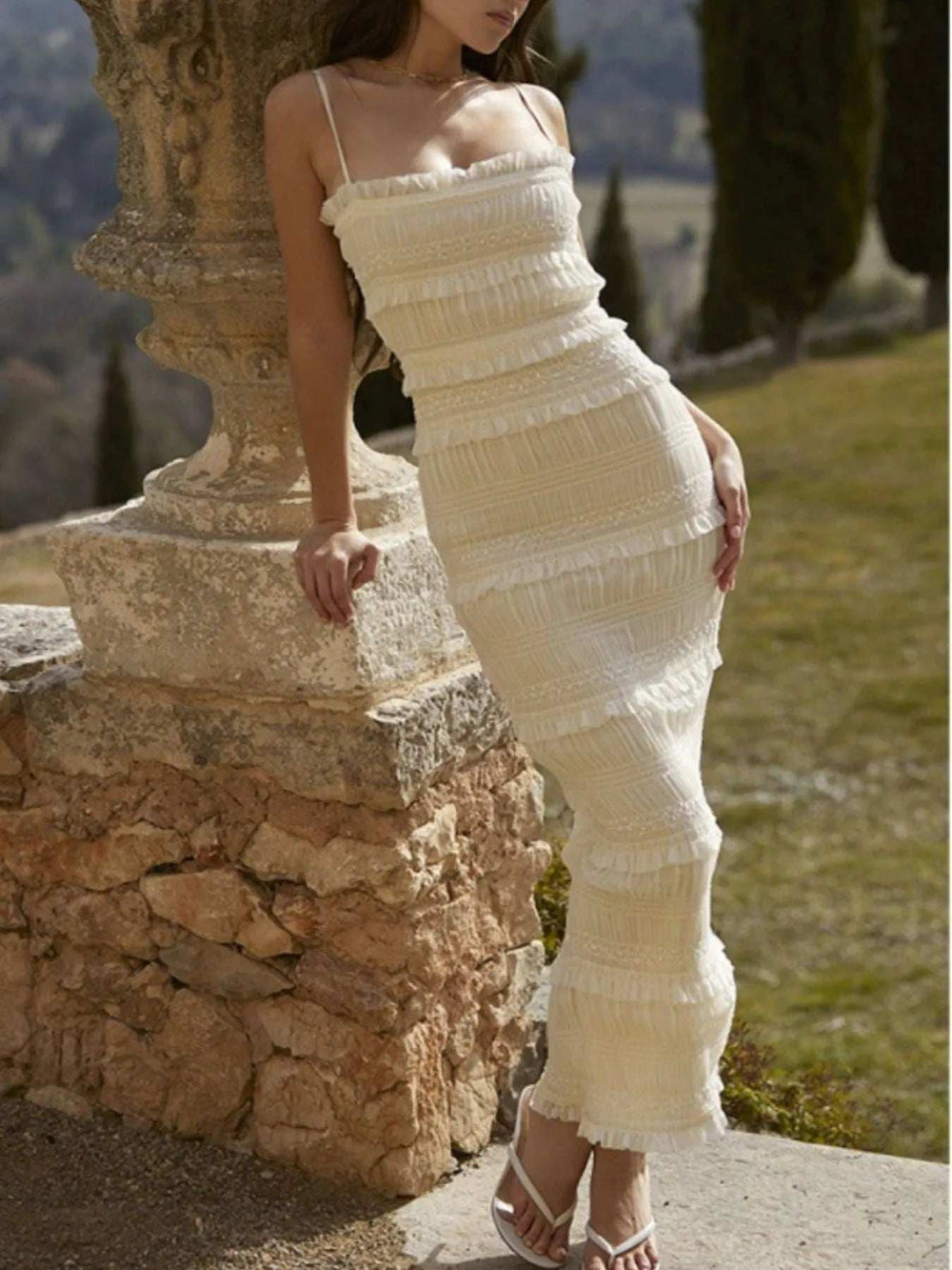 Frill Tiered Textured Maxi Cami Dress - Trendsi - Flyclothing LLC