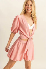 HYFVE Front Tie Top and Bubble Hem Shorts - Trendsi - Flyclothing LLC