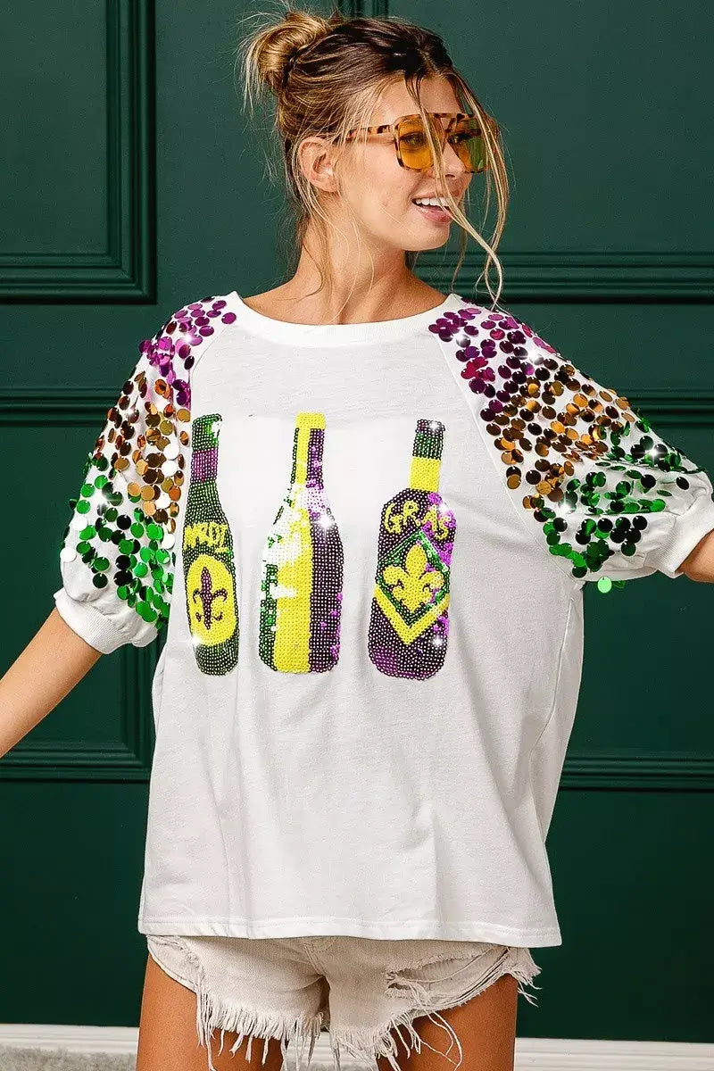 BiBi Sequin Mardi Gras Bottles Spangled Sleeve Top - Trendsi - Flyclothing LLC