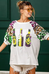 BiBi Sequin Mardi Gras Bottles Spangled Sleeve Top - Trendsi - Flyclothing LLC