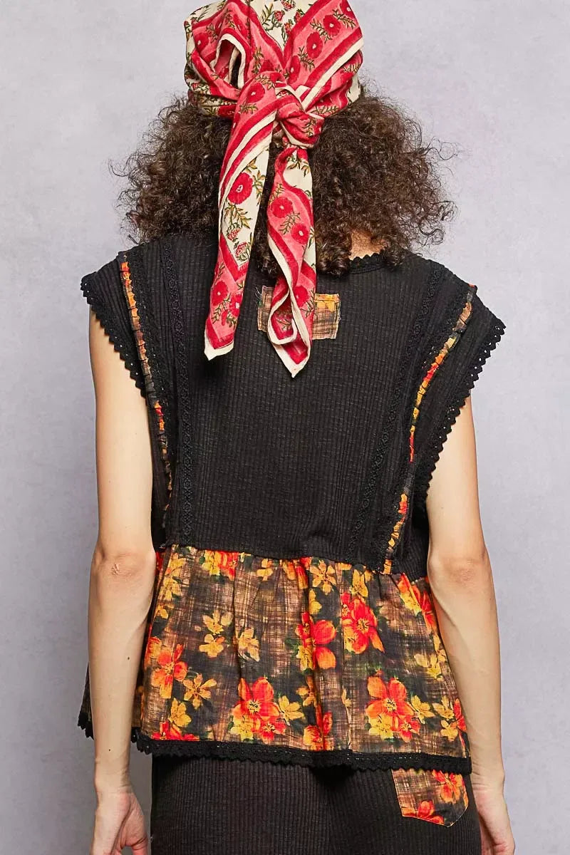 POL Lace Detail Floral Cropped Ruffled Top - Trendsi - Flyclothing LLC