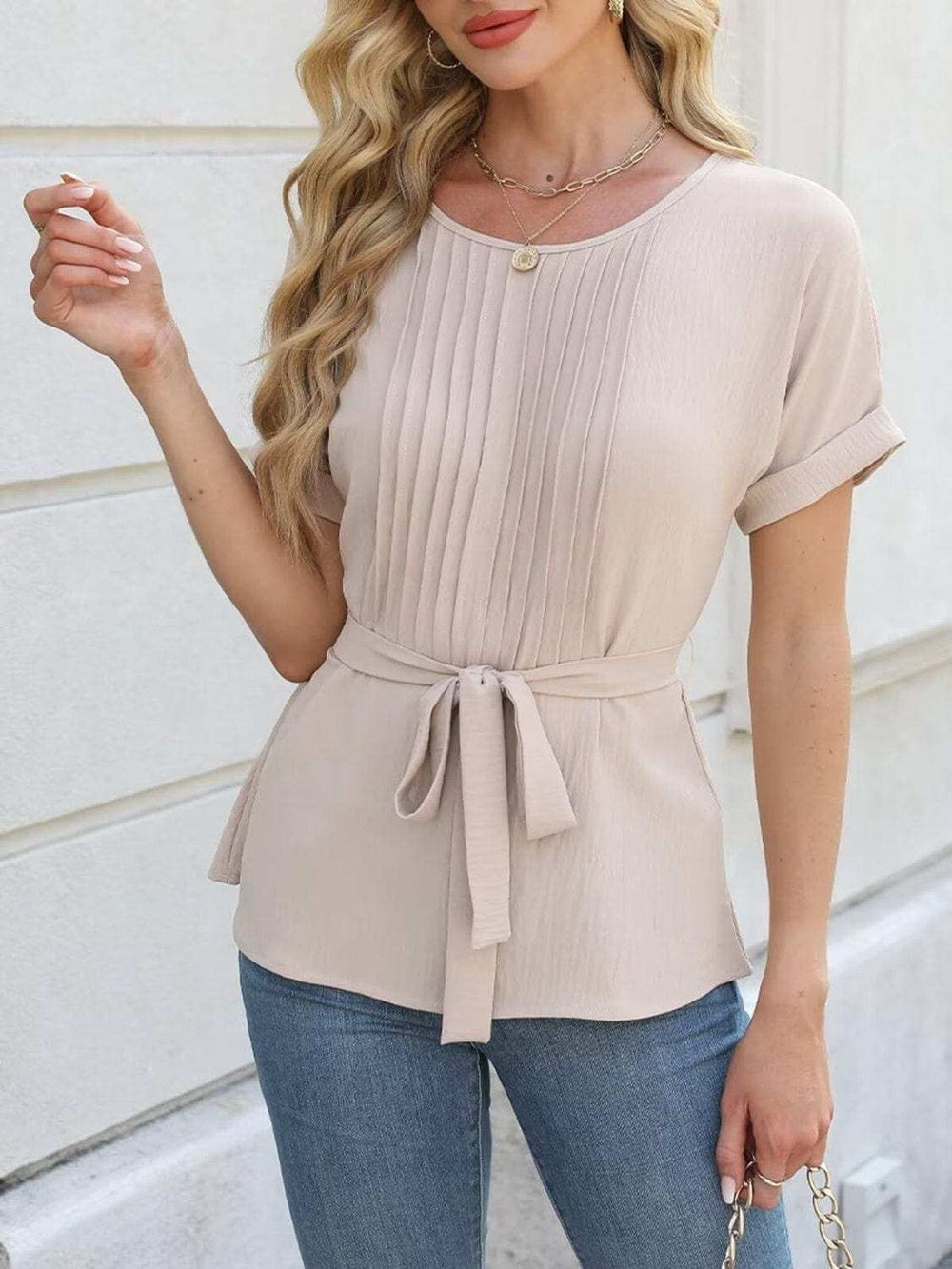 Tied Pleated Round Neck Short Sleeve Top - Trendsi - Flyclothing LLC