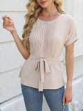 Tied Pleated Round Neck Short Sleeve Top - Trendsi