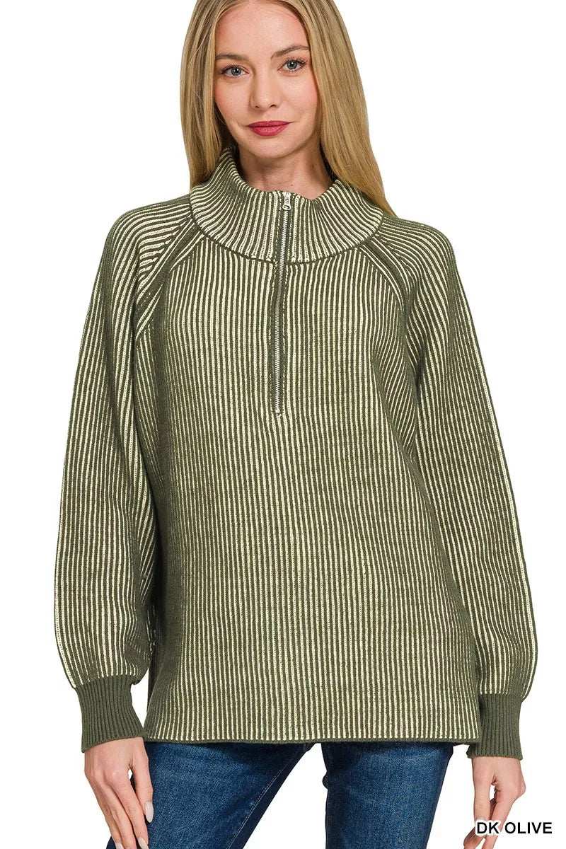 Zenana Ribbed Two Tone Half Zip Sweater - Trendsi - Flyclothing LLC
