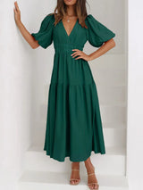 V-Neck Puff Sleeve Midi Dress - Trendsi - Flyclothing LLC