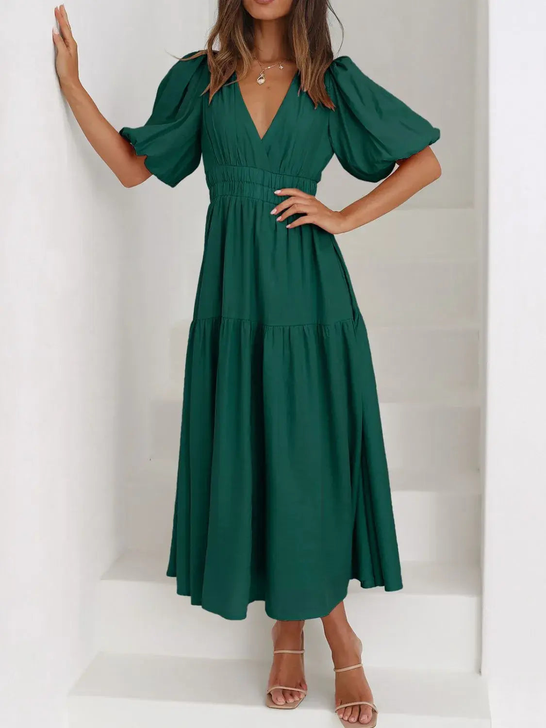 V-Neck Puff Sleeve Midi Dress - Trendsi - Flyclothing LLC