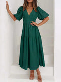 V-Neck Puff Sleeve Midi Dress - Trendsi - Flyclothing LLC