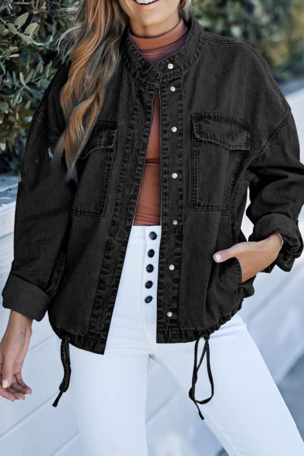 Drawstring Snap Down Denim Jacket with Chest Pockets - Trendsi - Flyclothing LLC