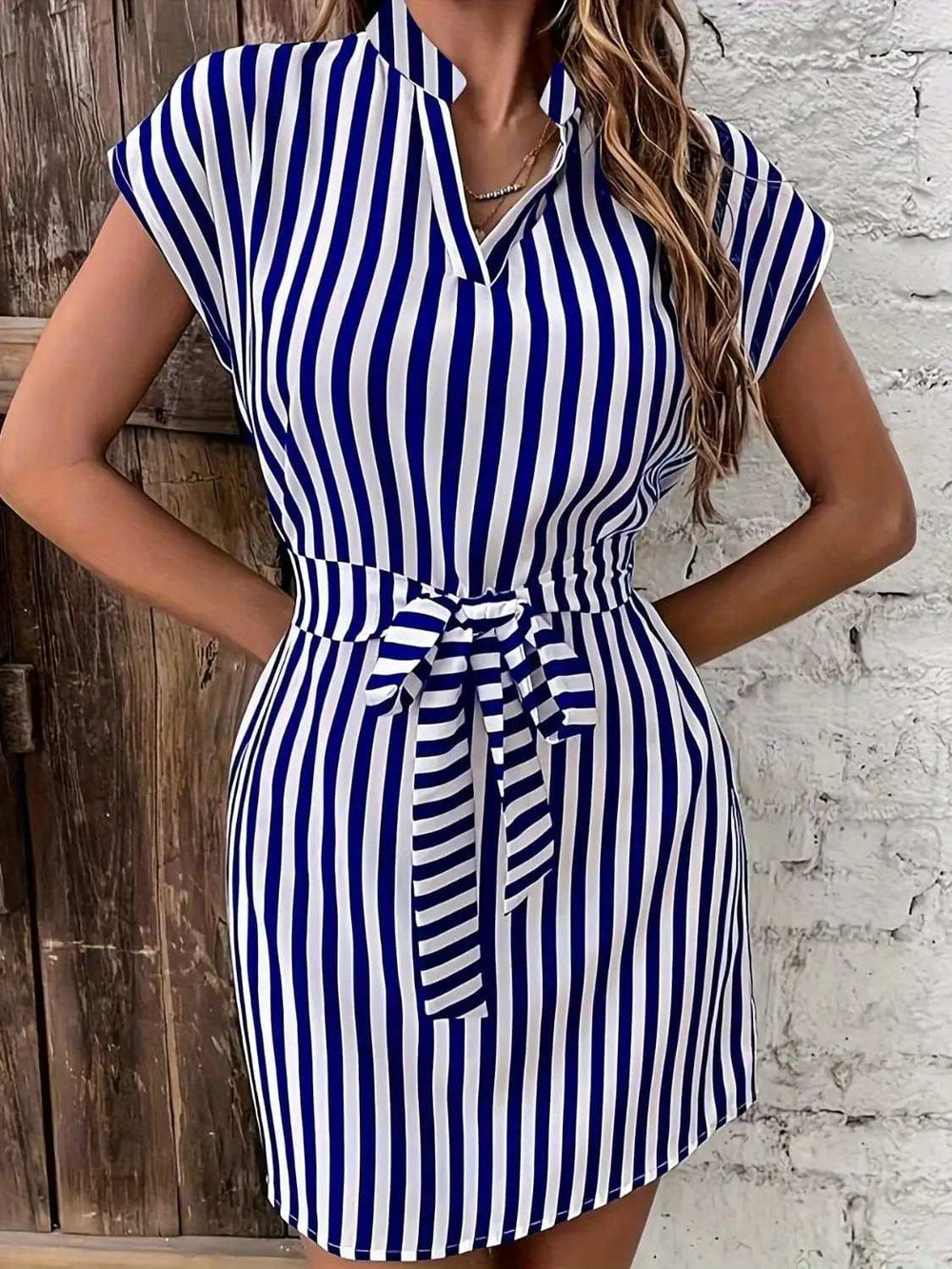 Tied Striped Cap Sleeve Mini Dress - Trendsi - Flyclothing LLC