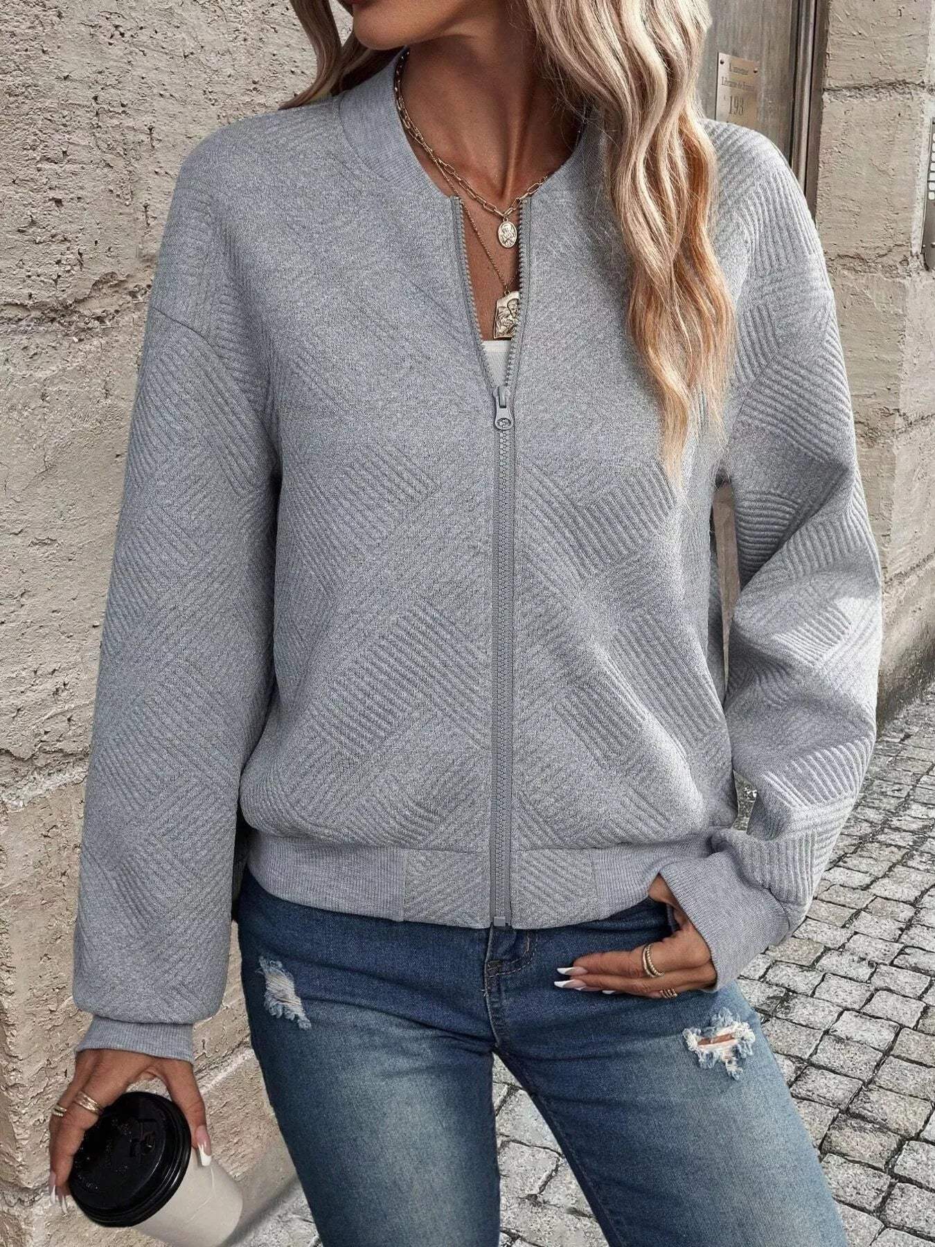 Texture Zip-Up Bomber Jacket - Trendsi - Flyclothing LLC