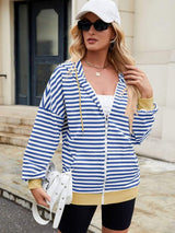 Drawstring Striped Zip Up Long Sleeve Hoodie - Trendsi - Flyclothing LLC