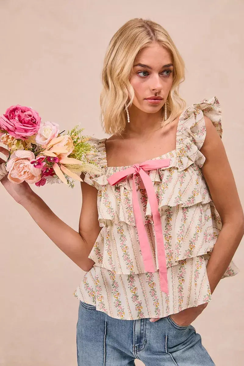BiBi Floral Printed Woven Front Bow Tied Ruffled Square Neck Sleeveless Top - Trendsi - Flyclothing LLC