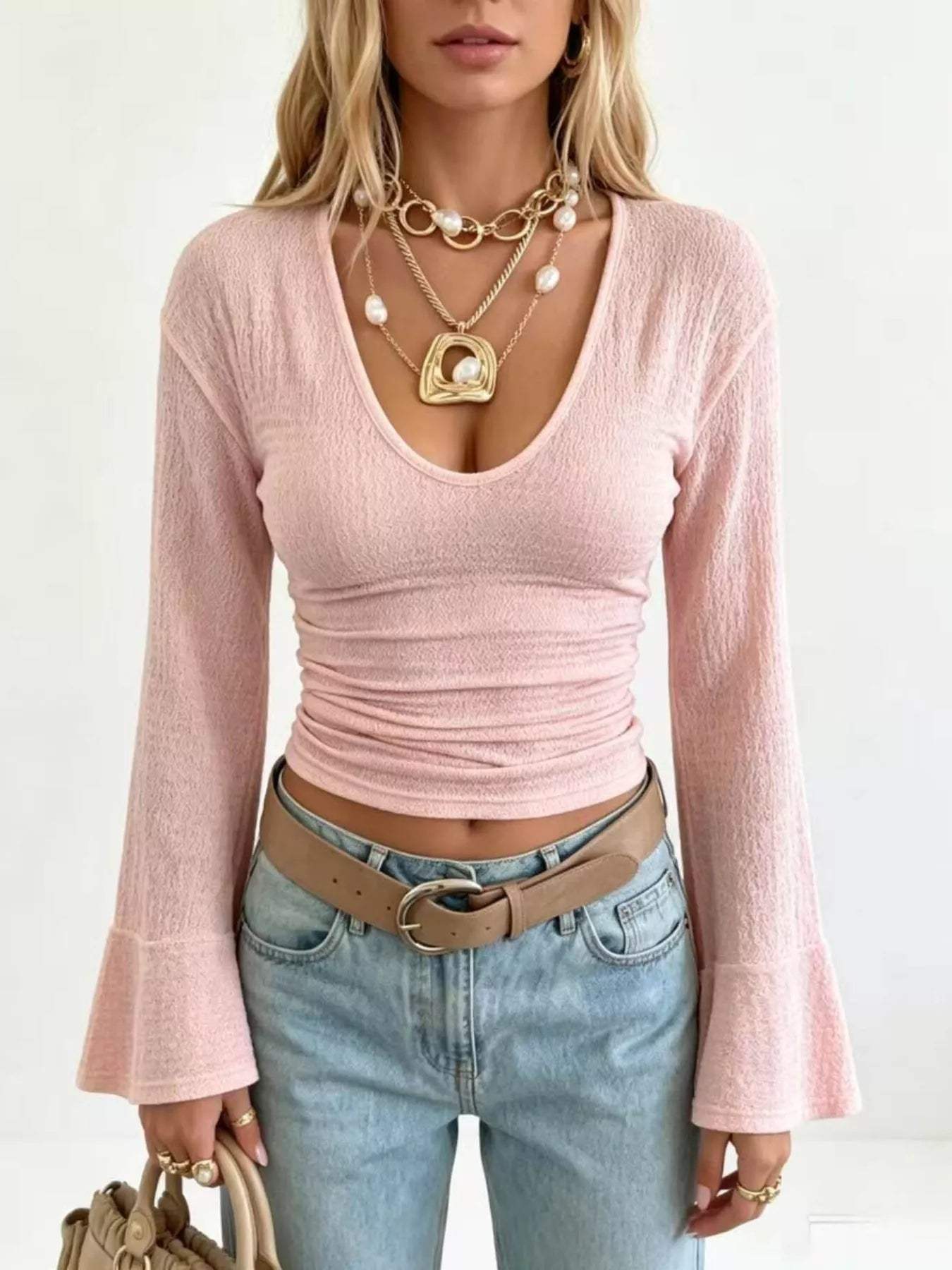 Slim Fit Flare Sleeve Top - Trendsi - Flyclothing LLC