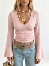 Slim Fit Flare Sleeve Top - Trendsi - Flyclothing LLC