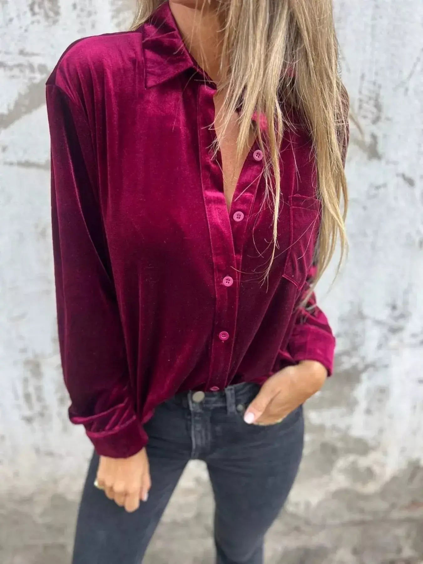 Full Size Velvet Button-Up Long Sleeve Shirt Plus Size - Trendsi - Flyclothing LLC
