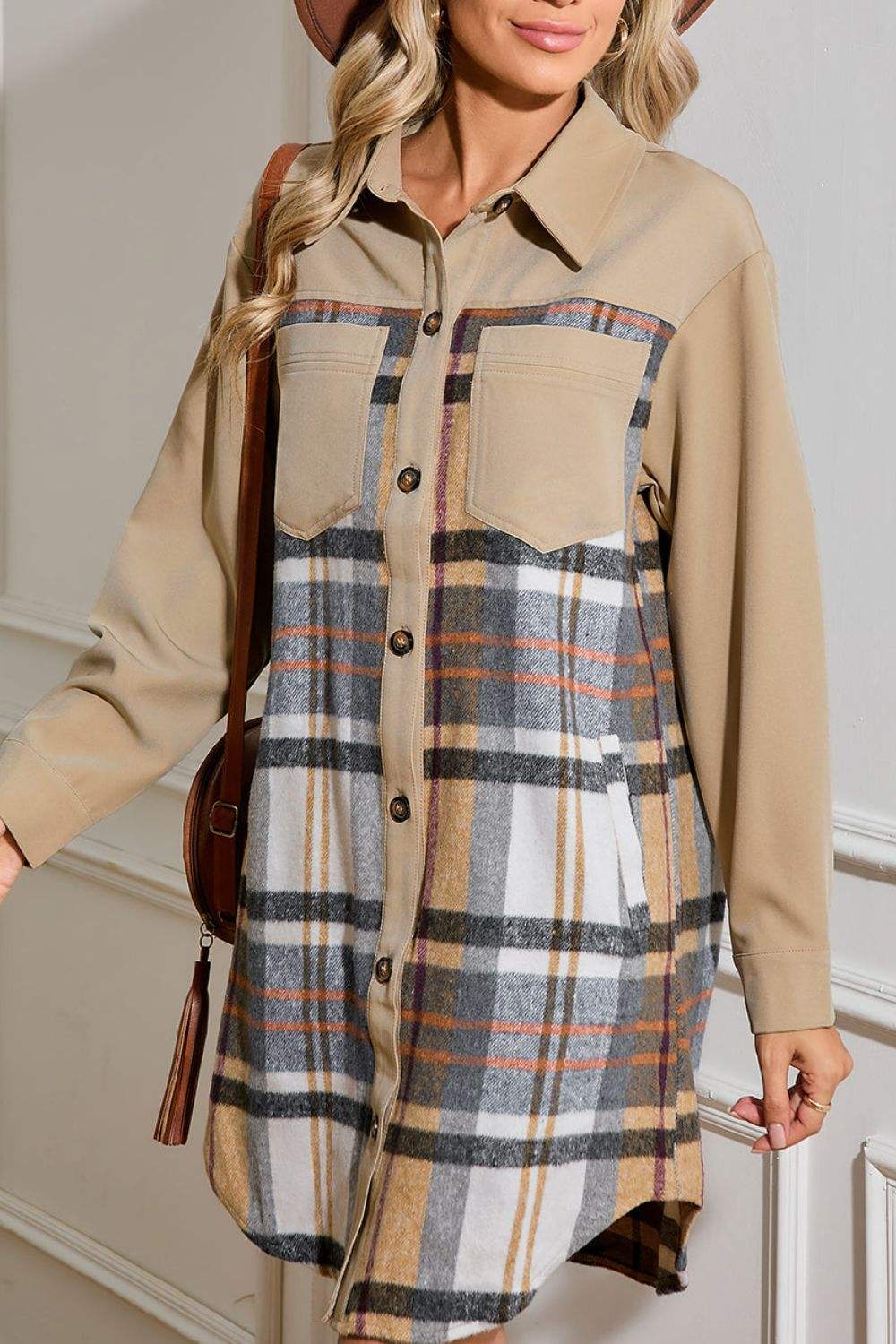 Pocketed Plaid Long Sleeve Mini Shirt Dress - Trendsi - Flyclothing LLC