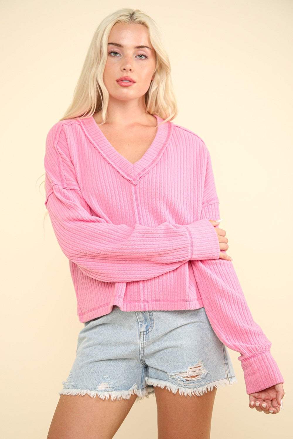 VERY J Exposed Seam V-Neck Ribbed Knit Top - Trendsi - Flyclothing LLC