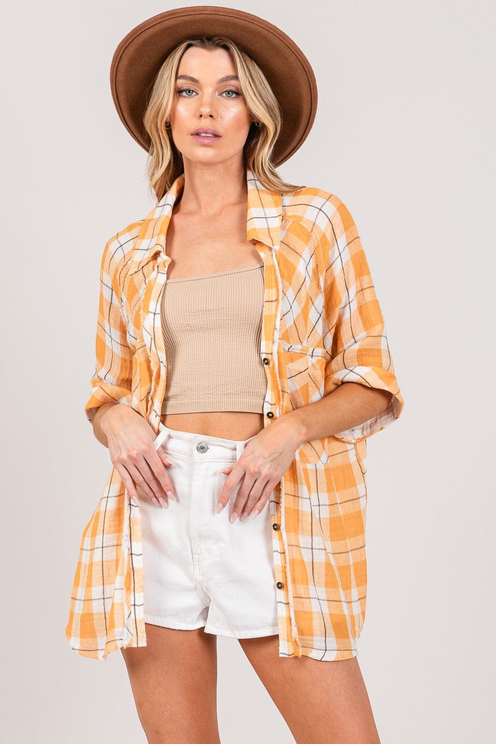 SAGE + FIG Plaid Button Up Side Slit Shirt - Trendsi