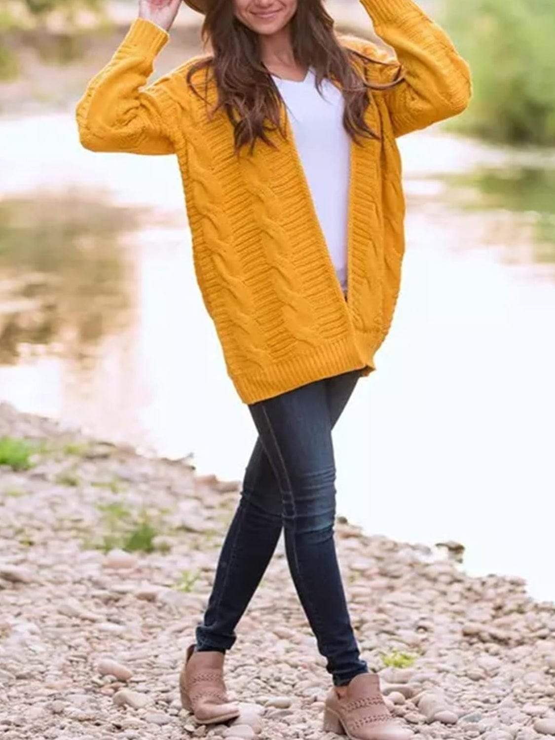 Cable-Knit Open Front Long Sleeve Cardigan - Trendsi - Flyclothing LLC