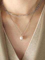 Freshwater Pearl Titanium Steel Double-Layered Necklace - Trendsi