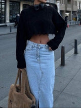 Cable-Knit Round Neck Long Sleeve Cropped Sweater - Trendsi - Flyclothing LLC