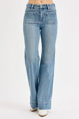 RISEN Full Size High Rise Wide Flare Patch Pocket Jeans Plus Size - Trendsi - Flyclothing LLC