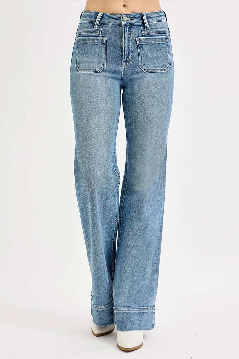 RISEN Full Size High Rise Wide Flare Patch Pocket Jeans Plus Size - Trendsi - Flyclothing LLC