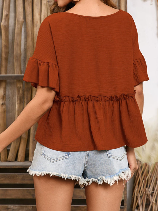Frill Decorative Button Round Neck Half Sleeve Blouse - Trendsi