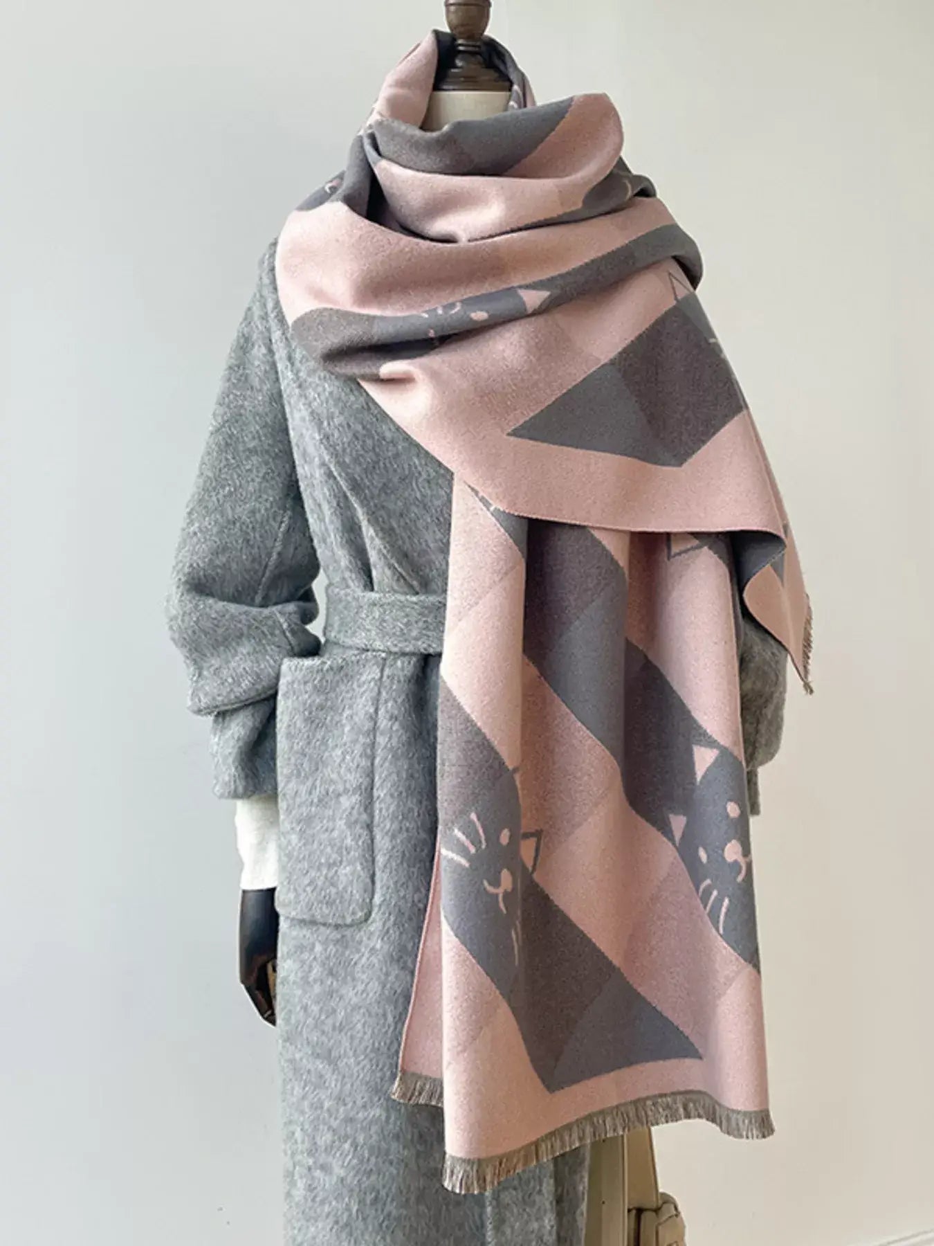 Cute Cat Pattern Plaid Raw Hem Scarf - Trendsi - Flyclothing LLC