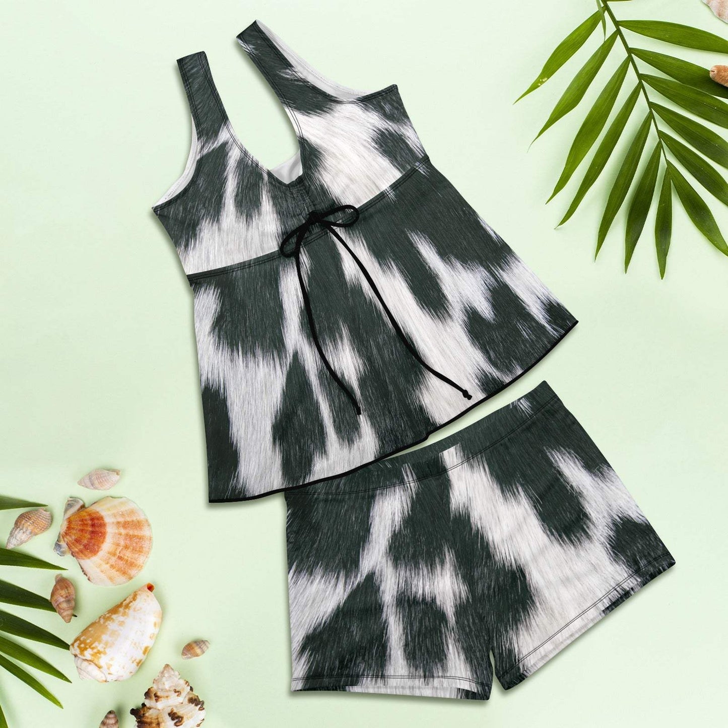 Baha Ranch Black White Cowhide Print Tankini Boy Shorts Swim Set - Baha Ranch Western Wear - Flyclothing LLC