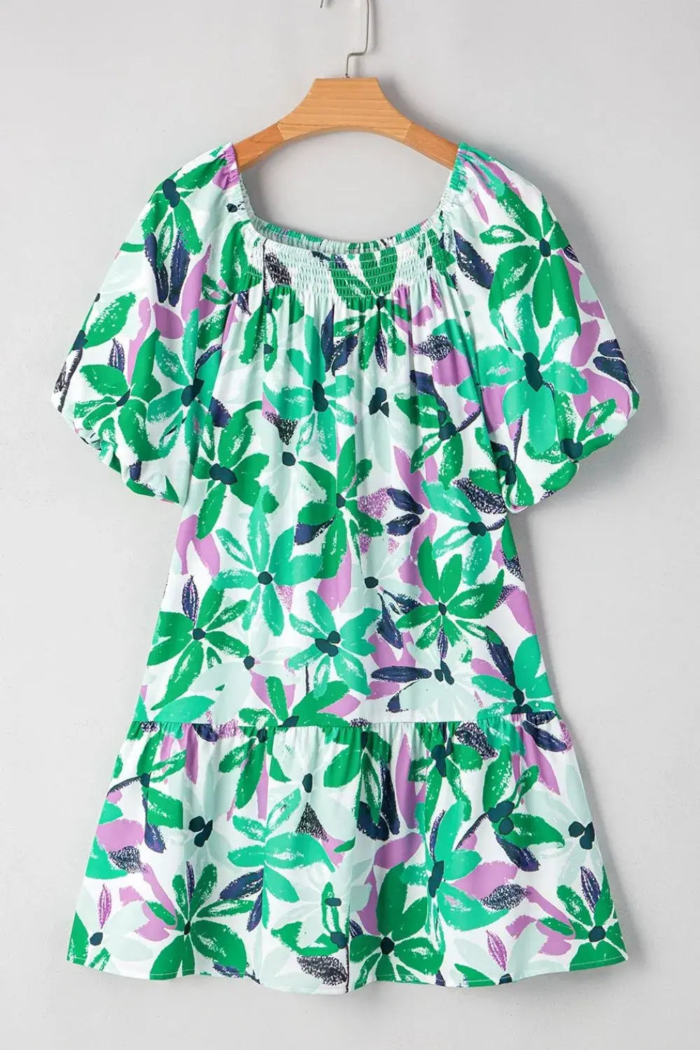 Floral Print Shirred Square Neck Loose Fit Mini Dress - Trendsi - Flyclothing LLC