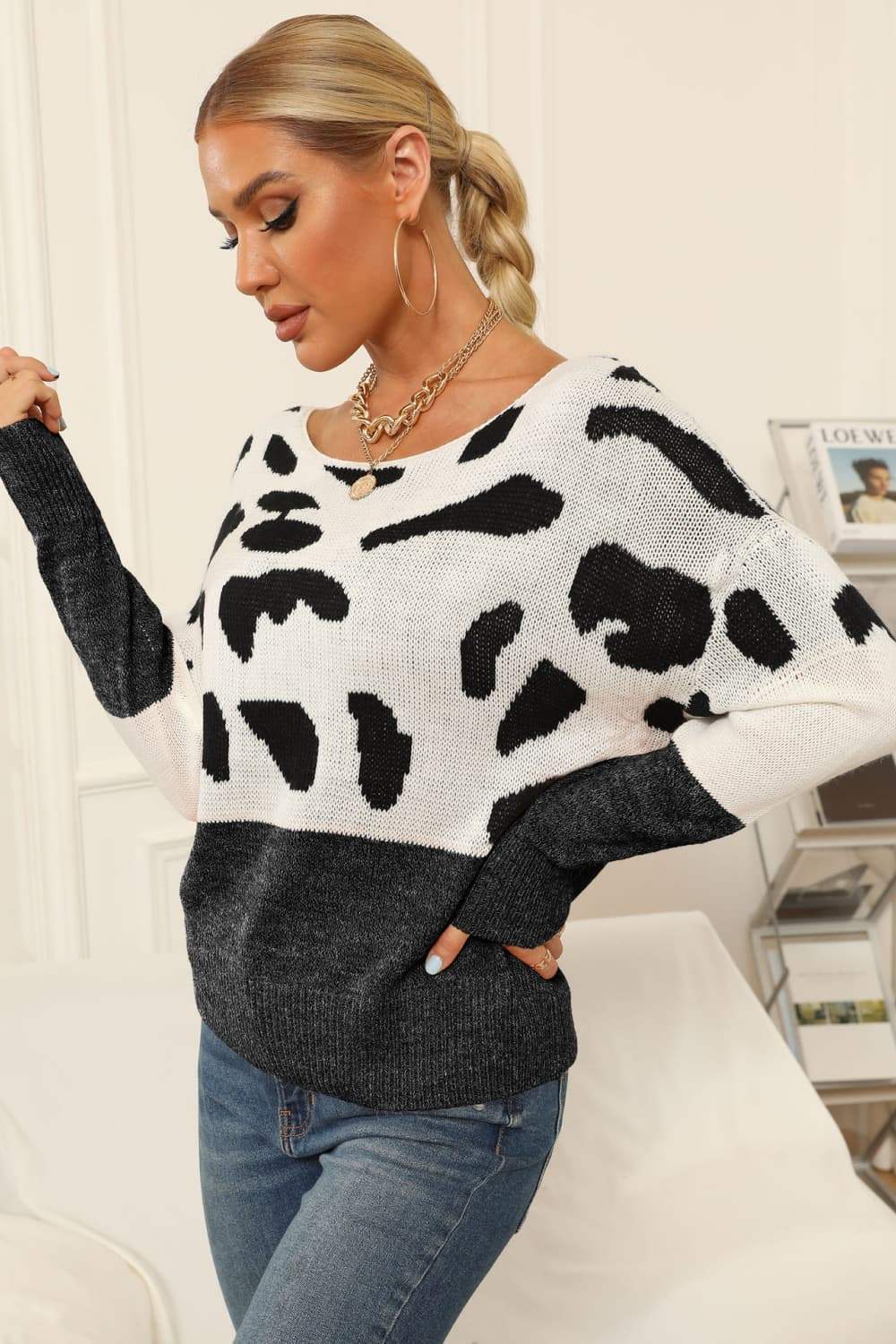 Full Size Two-Tone Boat Neck Sweater - Trendsi - Flyclothing LLC