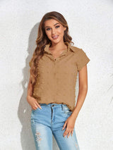 Swiss Dot Button Up Cap Sleeve Shirt - Trendsi - Flyclothing LLC