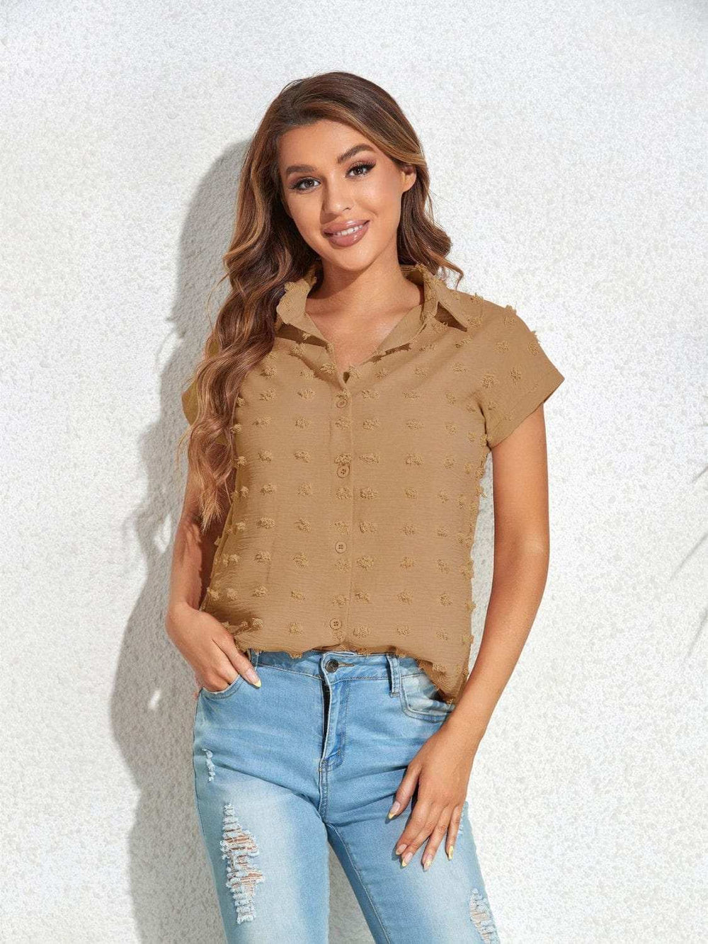 Swiss Dot Button Up Cap Sleeve Shirt - Trendsi - Flyclothing LLC