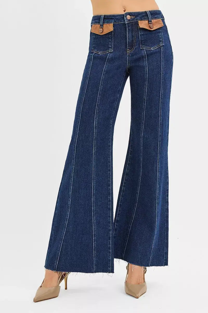 RISEN High Rise Wide Flare Jeans with Front Leather Pocket Detail - Trendsi - Flyclothing LLC