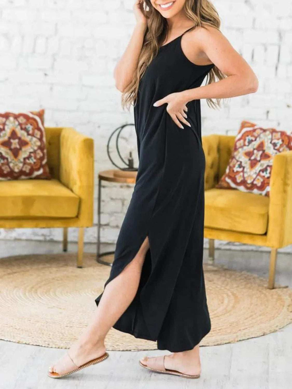 Slit Spaghetti Strap Jumpsuit with Pockets - Trendsi - Flyclothing LLC