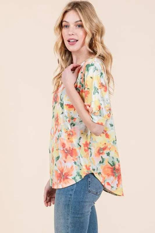 BOMBOM Floral Round Neck Puff Sleeve Top - Trendsi - Flyclothing LLC