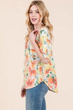 BOMBOM Floral Round Neck Puff Sleeve Top - Trendsi