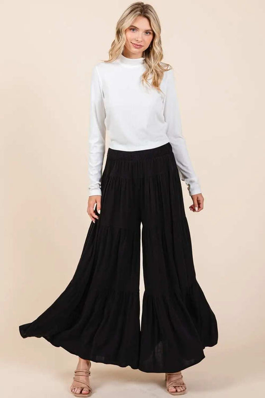 Mittoshop Tier Detail Smocked Elastic Waist Wide Leg Pants - Trendsi - Flyclothing LLC